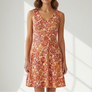 Salaam Red & Pink Multi Color Floral Paisley Cotton  Sleeveless Tank Top Dress